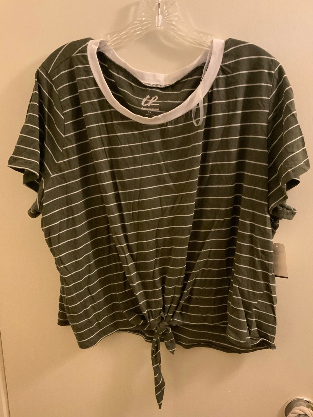 Charlotte Russe Olive Green & White Stripe Tie-Front Tee